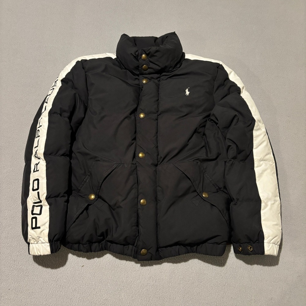 Polo Ralph Lauren Boys Medium Black White Stripe Logo Puffer Jacket Winter Coat